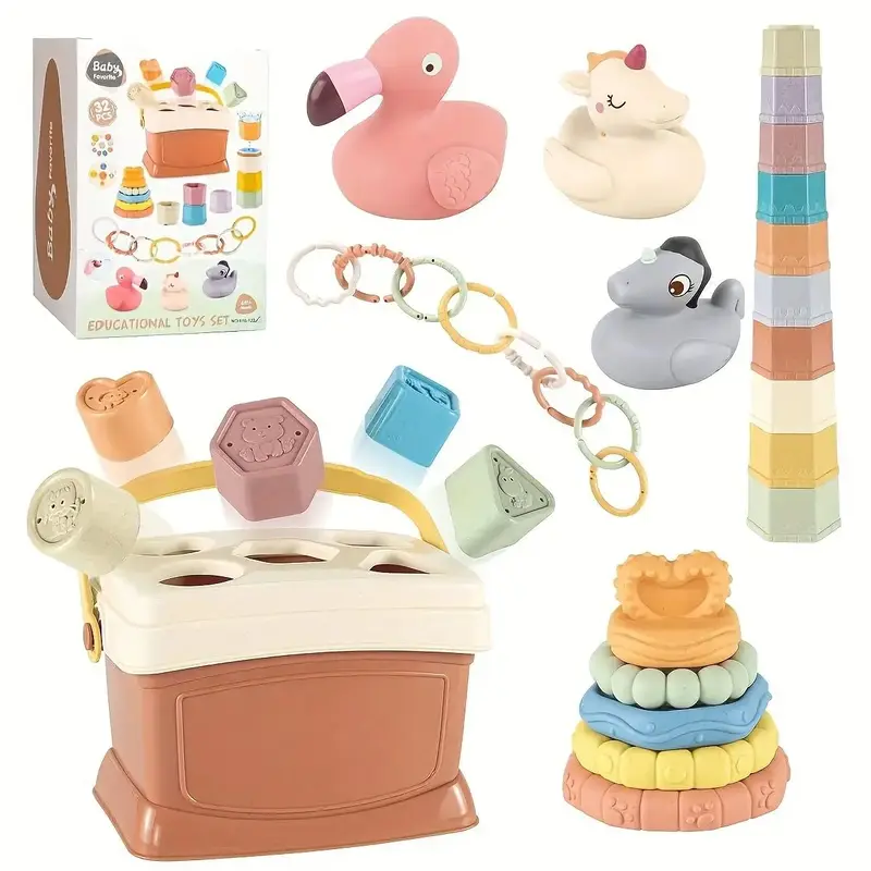 Baby Toy Set, 1 Box Montessori Toy, Infant Stacking Circle Teether Blocks, Stacking Cups Learning Toy for Baby Gift