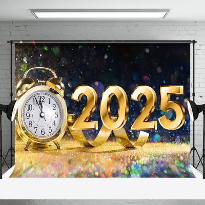 Aperturee Colorful Bokeh Gold Clock 2025 New Year Backdrop