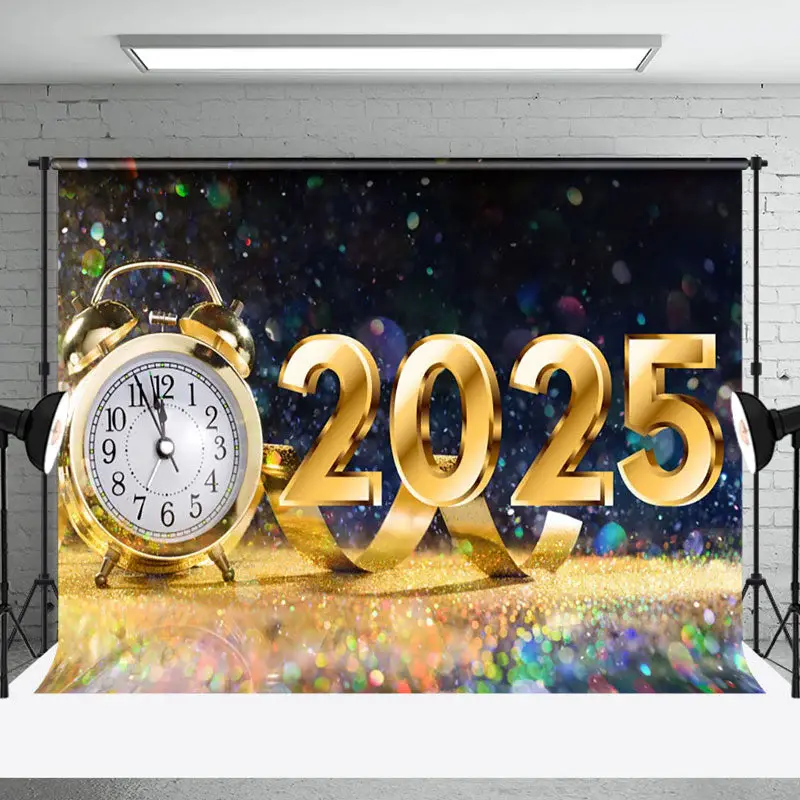 Aperturee Colorful Bokeh Gold Clock 2025 New Year Backdrop