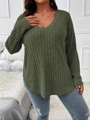 Plus Plain V Neck Long Sleeve Knit Top, Casual Solid Long Sleeve Top for Fall & Winter, Women's Clothes for Daily Wear