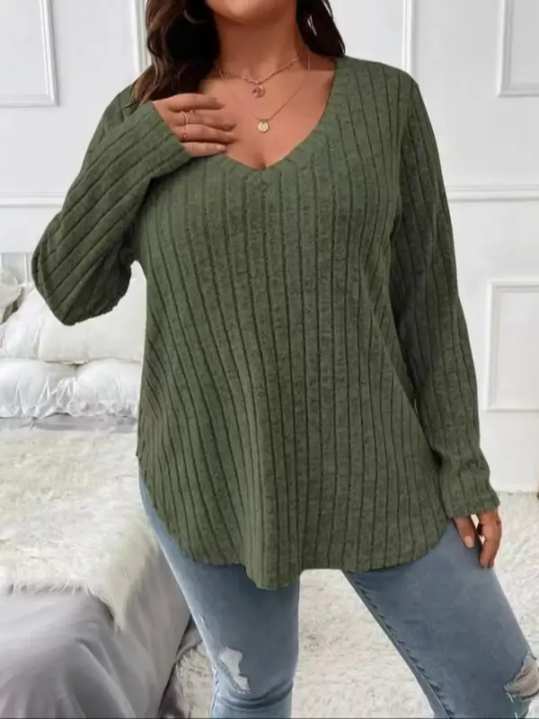 Plus Plain V Neck Long Sleeve Knit Top, Casual Solid Long Sleeve Top for Fall & Winter, Women's Clothes for Daily Wear