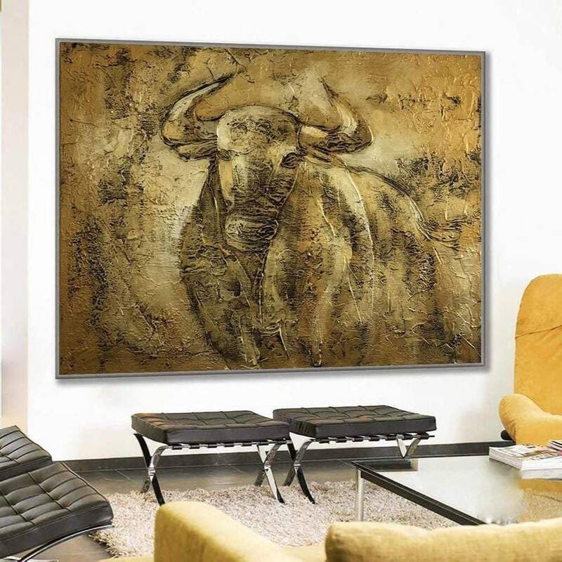 Large Painting On Canvas Original Abstract Bull Painting Gold Painting Modern Wall Art Framed Wall Art | GOLDEN OX