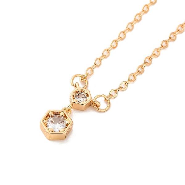 Brass Pave Clear Cubic Zirconia Cable Chain Hexagon Pendant Necklaces for Women