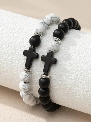 Street Trend Beaded & Cross Charm Bracelets for Couple, 2pcs/set Trendy Vintage Matching Bracelets for Men & Women, Chic All-...