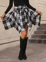 Women's Plaid Print Belted Asymmetrical Hem Flared Skirt, Casual High Waist Short Skirt for Daily Wear, Ladies Bottoms for Al...