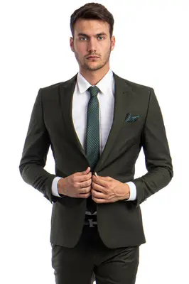 Dark Olive Green Slim Fit Suit for Men - One Button Peak Lapel Basic