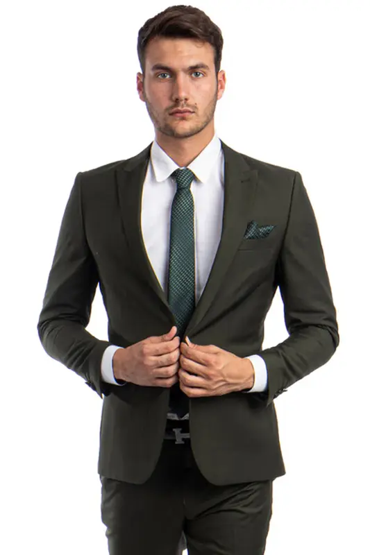Dark Olive Green Slim Fit Suit for Men - One Button Peak Lapel Basic