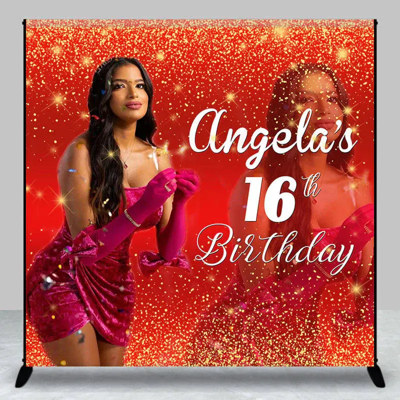 Red Gold Glitter Custom Photo 16TH Birthday Backdrop - Aperturee