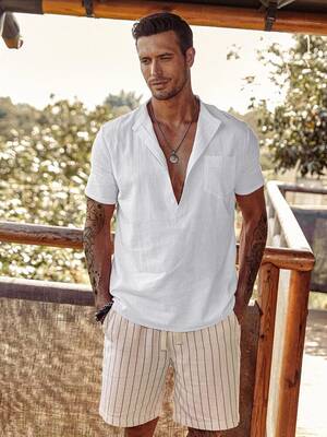 Linen Style Beach Button Shirts, White / XXL