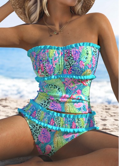 Modlily Smocked Mid Waisted Paisley Print Cyan Tankini Set - M