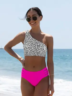 2 Counts Women's Leopard Print One Shoulder Wireless Top & Cut Out Swim Bottom Summer Swimsuit Sets, Sleeveless Swim Top & Sw...