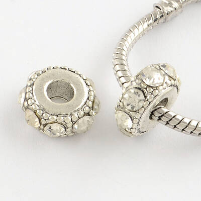 Flat Round Antique Silver Plated Alloy Rhinestone European Beads