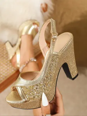Women's Fashionable Glitter Decor High Heel Sandals, Elegant Round Toe Heeled Sandals for Party, Daily Clothing Decor for Wom...