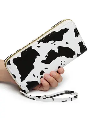 Women's Random Cow Pattern Long Wallet, Fashionable Zipper Design Wallet for Daily Used, Casual Pu Leather Wallet with Wrist ...