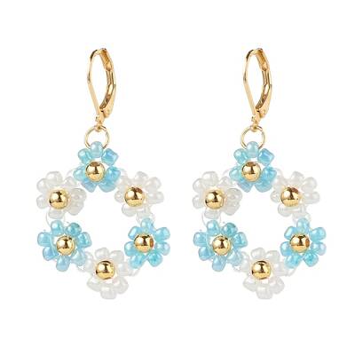Glass Seed Braided Flower Dangle Leverback Earrings