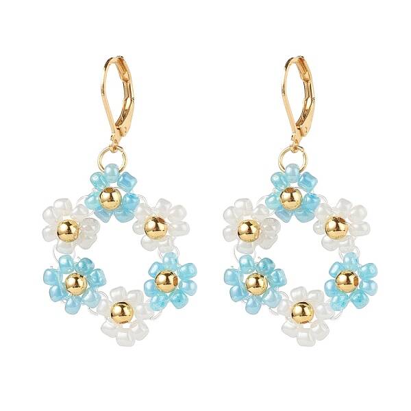 Glass Seed Braided Flower Dangle Leverback Earrings