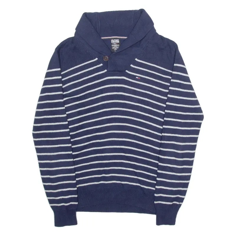 TOMMY HILFIGER Mens Patterned Jumper Blue Striped Roll Neck Tight Knit S