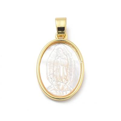 Brass Pave Carved Natural White Shell Religion Oval Pendants