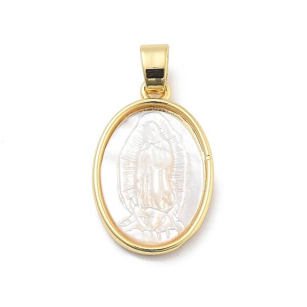 Brass Pave Carved Natural White Shell Religion Oval Pendants
