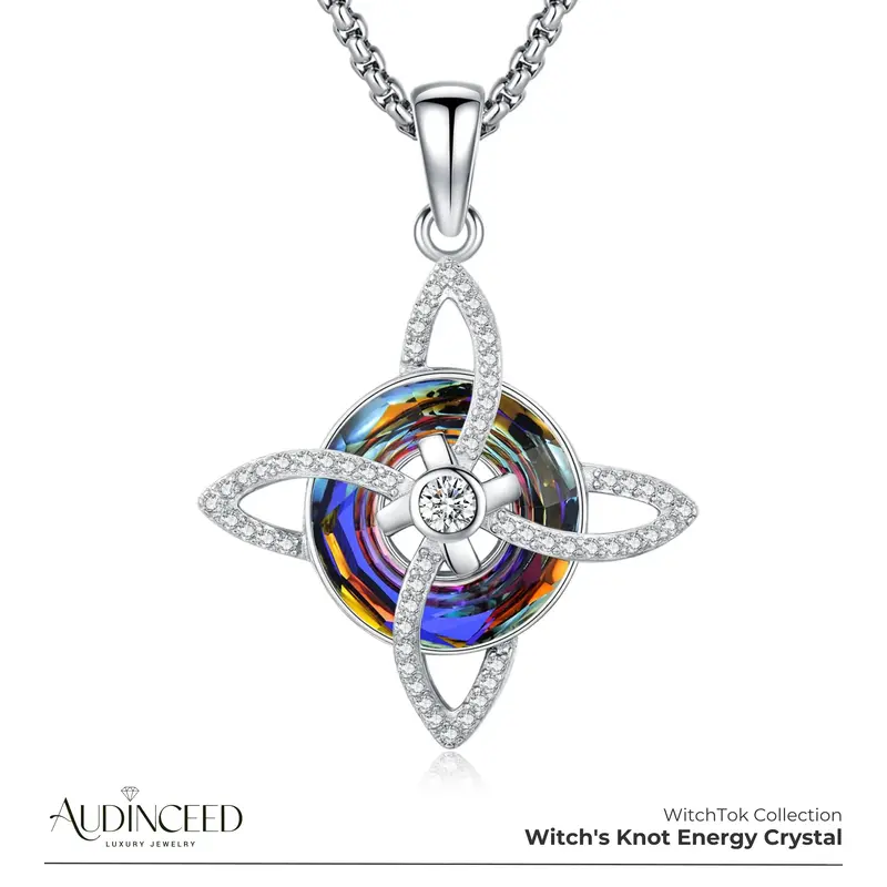 Audinceed Witch's Knot Crystal Necklace, S925 Sterling Silver Cosas Nudo De Bruja Plata 925 Pagan Wiccan Witch Witches Knot S...