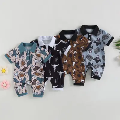 Newborn Baby Boy Western Clothes Cow/Horse Print Romper Jumpsuit Short Sleeve Button Up Collared Bodysuit Outfit