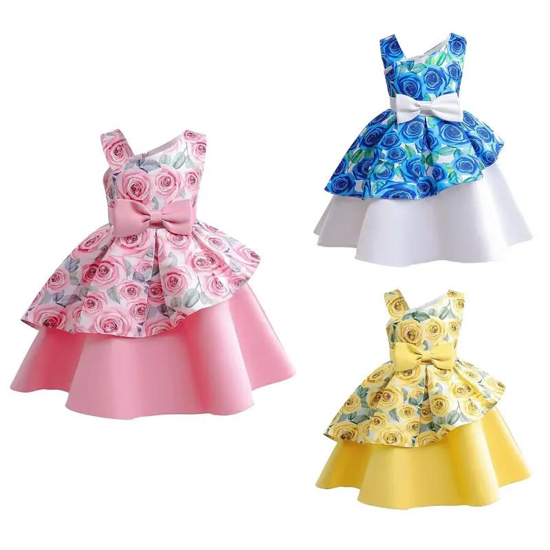 Princess Dress For Baby Girls Floral Bow Sloping Shoulder Summer Performance Dress One Piece Party Dress ZT-8576 Costume Cute...