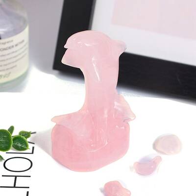 Natural Rose Quartz Carved Dolphin Figurines Statues for Home Office Desktop Decoration