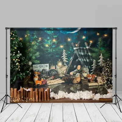 Night Forest Lights Camping Theme Cake Smash Backdrop - Aperturee