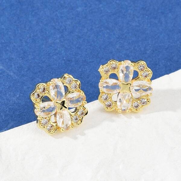 Flower Brass Micro Pave Clear Cubic Zirconia Stud Earrings