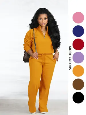 Two-piece Set Women's Solid Zip Up Funnel Neck Sweatshirt & Drawstring Waist Pants, Lady Casual Fashion Cozy Drop Shoulder Lo...