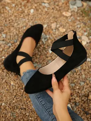 Women's Solid Color Cross Ankle Strap Ballet Flats, Casual Comfortable Flat Shoes for Daily Wear, Lightweight Breathable Shoe...