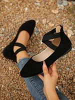 Women's Solid Color Cross Ankle Strap Ballet Flats, Casual Comfortable Black Flat Shoes for Daily Wear, Footwear, Lightweight...