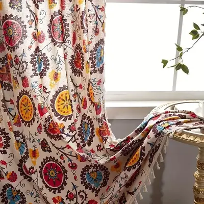 Boho Sunflower Print Tassel Decor Curtain, 1 Piece Vintage Style Semi-blackout Window Curtain for Home Living Room Bedroom Ro...