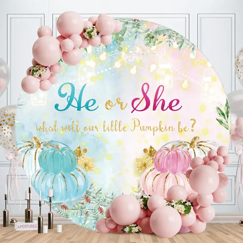 Aperturee Glitter Pumpkin He Or She Circle Baby Shower Backdrop