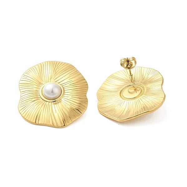 304 Stainless Steel Shell Pearl Flower Stud Earrings for Women