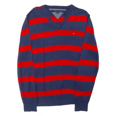 TOMMY HILFIGER Mens Patterned Jumper Blue Striped Tight Knit L