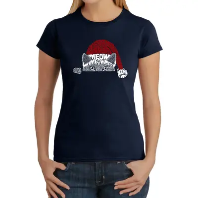 Christmas Peeking Cat - Women's Word Art T-Shirt - Red - XS