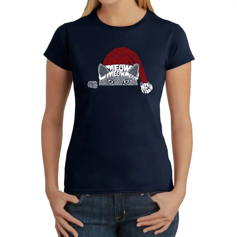 Christmas Peeking Cat - Women's Word Art T-Shirt - Red - XS