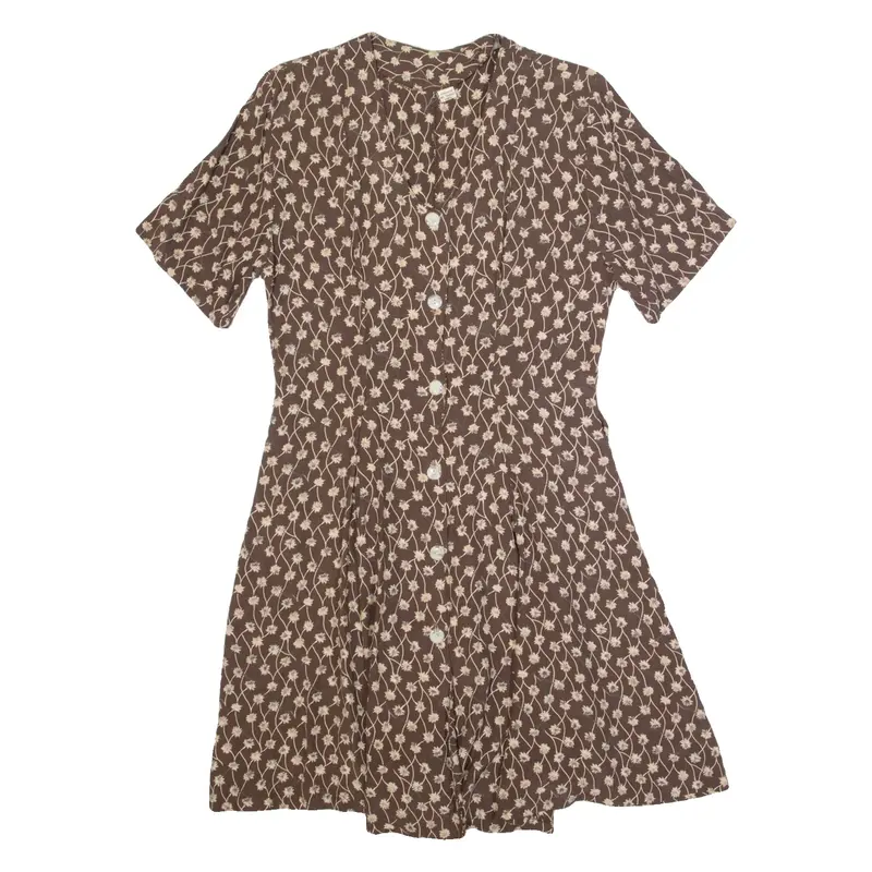 Womens Tea Dress Brown 90s Floral Short Sleeve Knee Length M