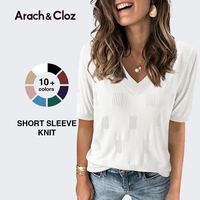 Arach&Cloz Women's Tops 2025 Spring Summer Short Sleeve Sweater Fashion Trendy Dressy Casual Outfit Versatile Knit Blouse