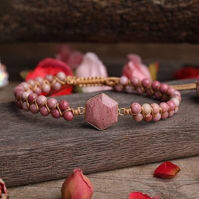 Natural Rhodonite Hexagon Barider Bead Bracelets