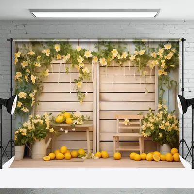 Yellow Flowers And Lemons Burlywood Photo Backdrop - Aperturee