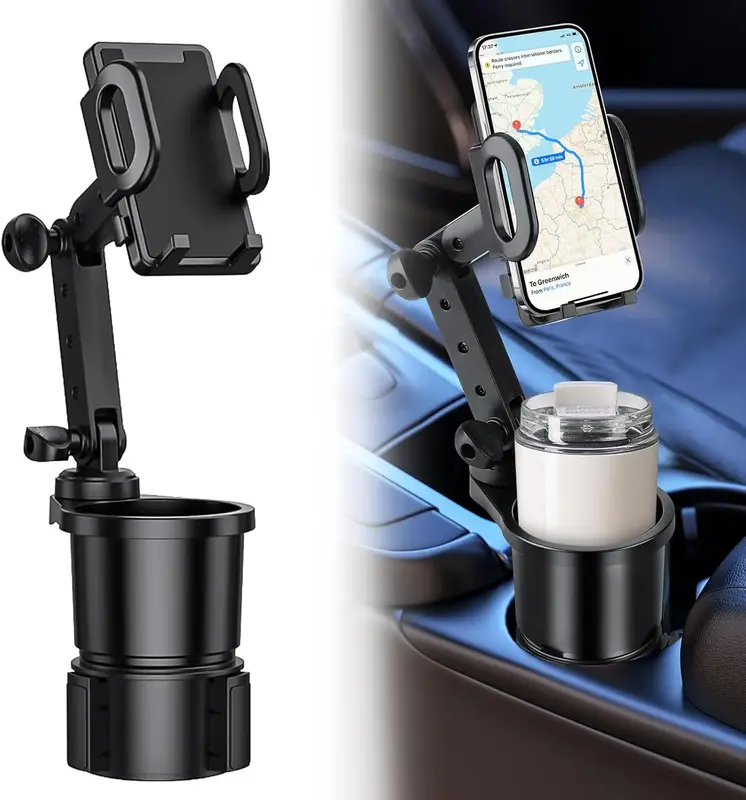 2 in 1 Phone Mount For Car Cup Holder With Adjustable Base, Phone Holders For Car Cupholder, No Shaking 360° Flexible Neck P...
