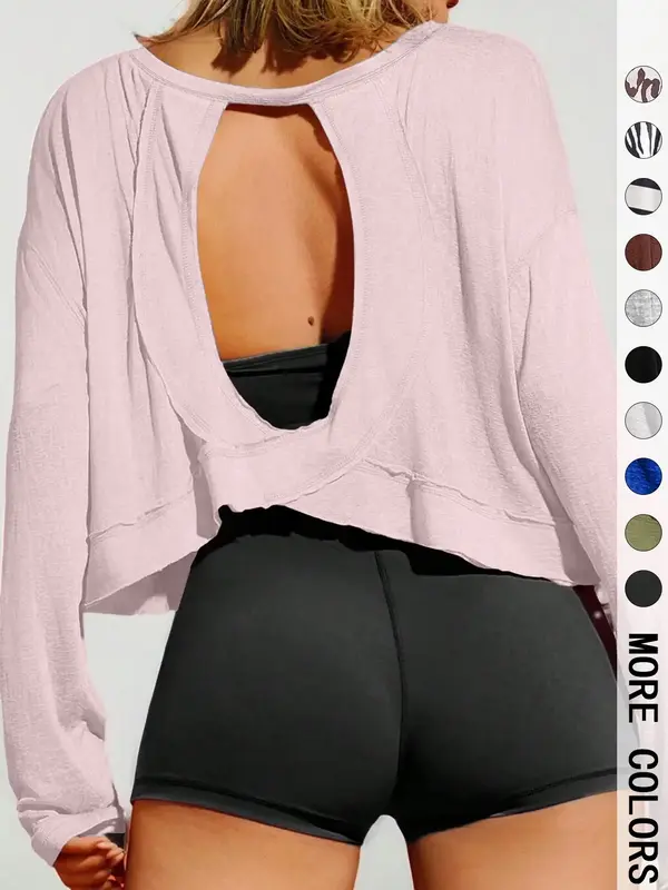 Women's Plain Backless Long Sleeve Sports T-Shirt, Casual Fitted Woven Fabric, All Season Fashion Design, Comfortable & Styli...