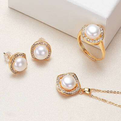 Brass Micro Pave Clear Cubic Zirconia Pendant Necklaces & Stud Earrings & Rings Sets