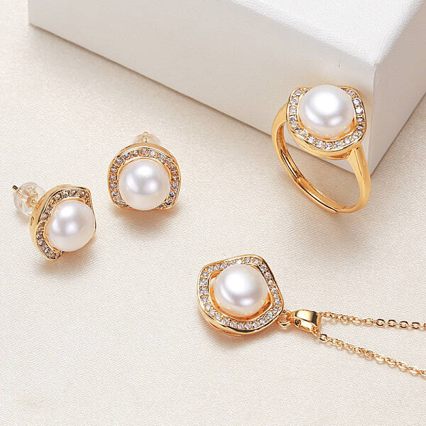 Brass Micro Pave Clear Cubic Zirconia Pendant Necklaces & Stud Earrings & Rings Sets