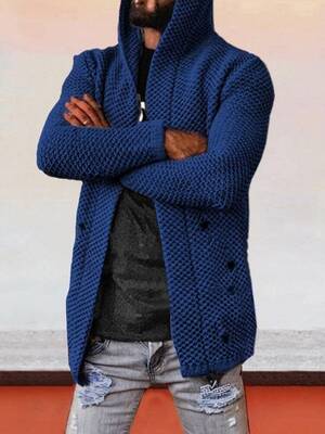 Solid Hooded Holey Sweater Coat, Blue / M