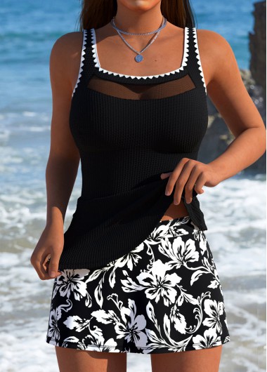 Modlily Tummy Coverage Mid Waisted Floral Print Black Tankini Set - XL