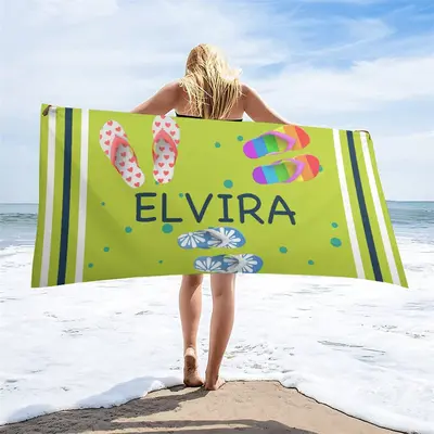 Custom Name Green Beach Slippers Summer Towel - Aperturee