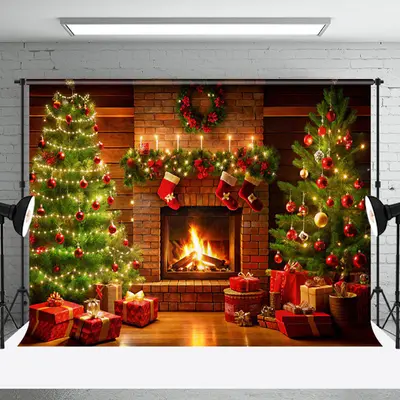 Aperturee Fireplace Sock Trees Red Gifts Christmas Backdrop - Aperturee
